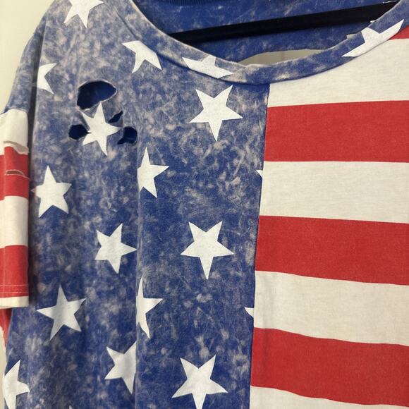 BiBi American Flag Theme Short Sleeves Round Neck Distressed T-Shirt Large - Picture 3 of 6